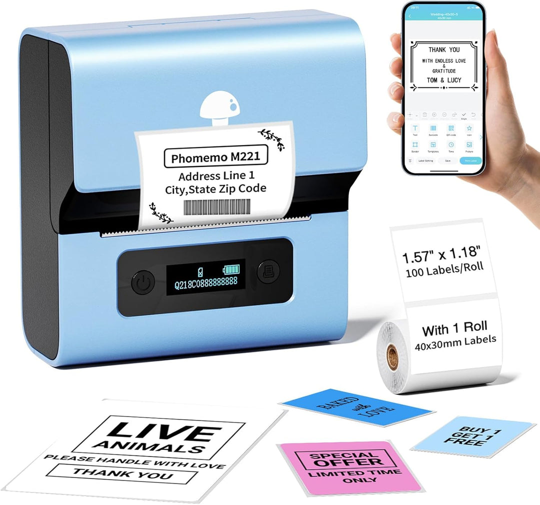 Phomemo M221 Etikettendrucker - Barcode Drucker Bluetooth Beschriftungsgerät Label Maker, für Untern