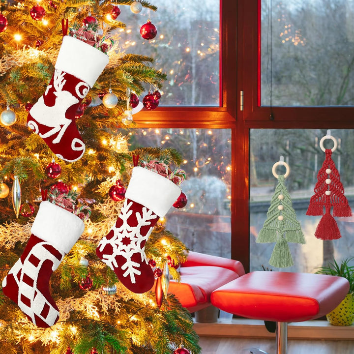 Weldomcor Weihnachtsstrumpf 3er Set, 50cm Weihnachtsstrümpfe Kamin Bestickte Elch Schneeflocke hänge