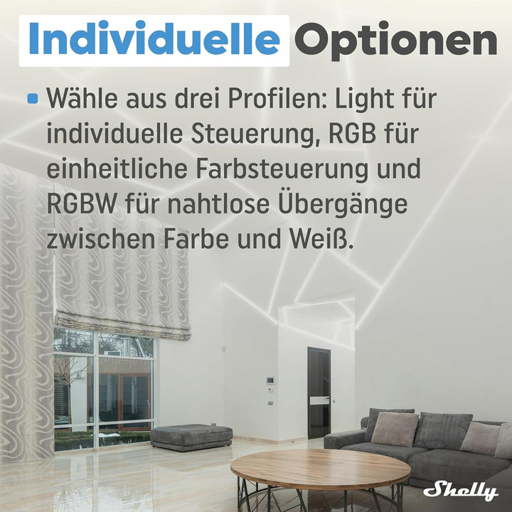 Shelly Plus RGBW PM - WLAN Controller für LED-Streifen, 12-24 VDC, 3 Beleuchtungsprofile, Leistungsm