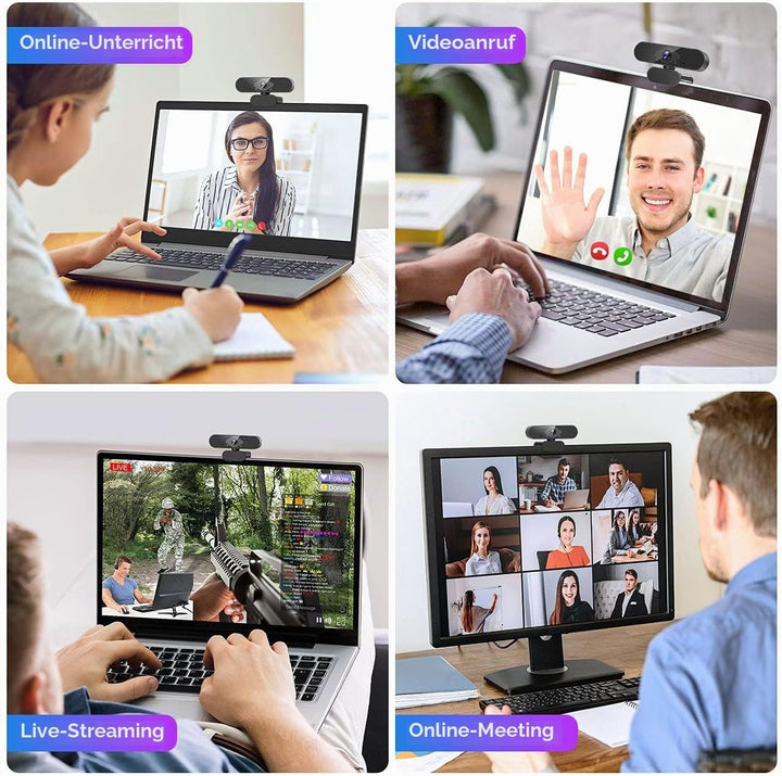 Webcam mit Mikrofon, 1080P Web PC Kamera mit 120° Blickfeld, Belichtungskorrektur und Drehbarem Clip