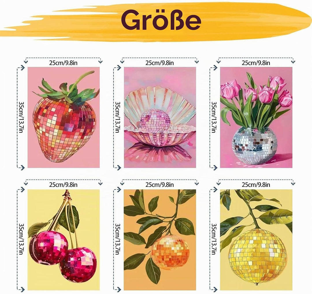 JATOK 6 Stück Malen Nach Zahlen Erwachsene, DIY Glänzende Früchte für Anfänger, Handgemalt Ölgemälde