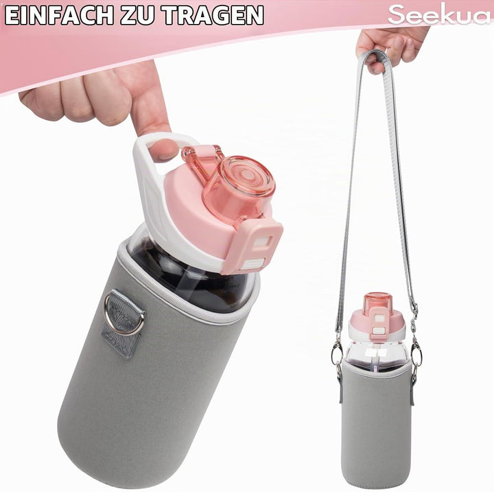 Seekua 0.6l Sport Trinkflasche Glas Flasche mit Strohhalm &amp; Zeitmarkierung für Kinder, Schule 600ml