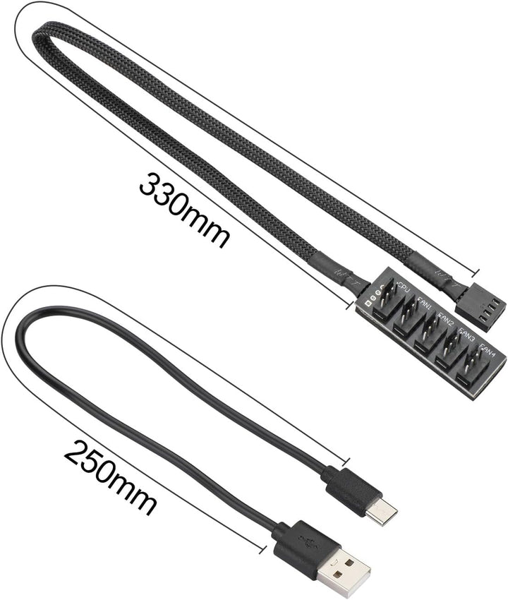 4 Pin 12V PWM-Lüfterregler mit USB-Stromkabel vom Typ C und 4 Pin 5-fach-PWM Lüfter-Splitter-Hub, Lü