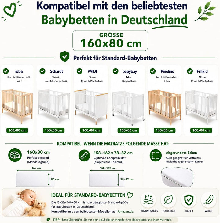 Flyideas Wasserdichter Matratzenschoner Babybett 80x160 cm, 2 STK. Zertif. Bambus - Matratzenschutz