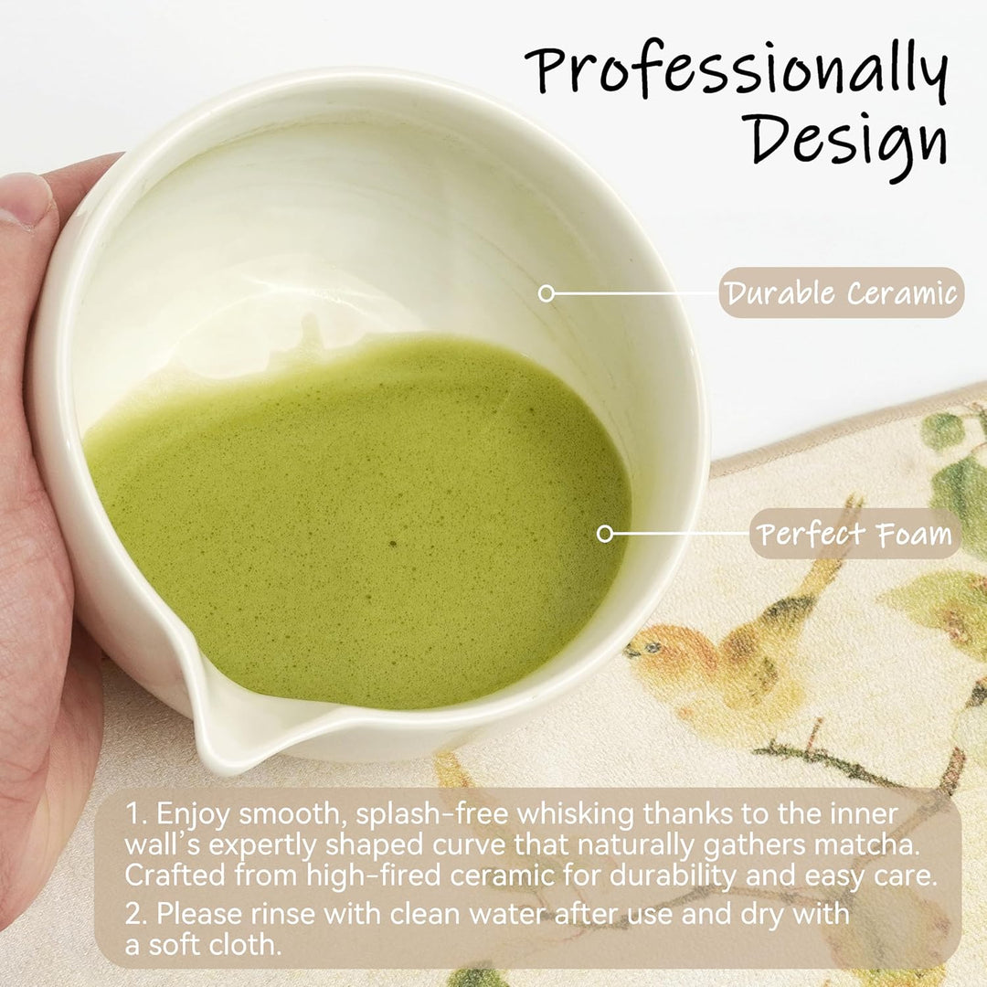 Matcha Set Beige (8-teilig) und Schale mit Ausgiesser, Premium Matcha Tee Set für Matcha Latte Zuber