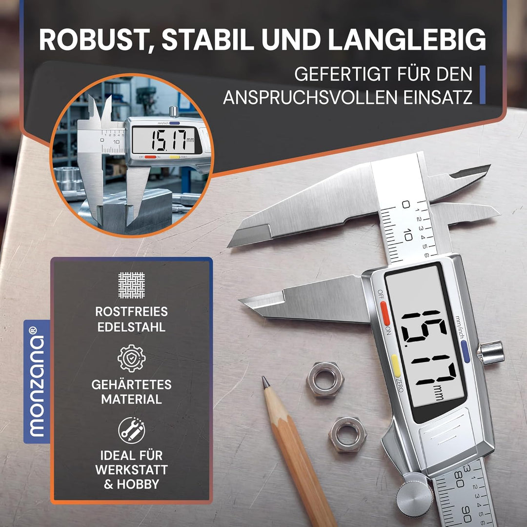 MONZANA® Messschieber Digital Edelstahl 150mm LCD Display Aufbewahrungsbox Ersatzbatterie Schieblehr