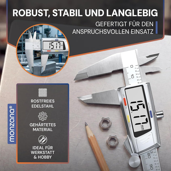 MONZANA® Messschieber Digital Edelstahl 150mm LCD Display Aufbewahrungsbox Ersatzbatterie Schieblehr