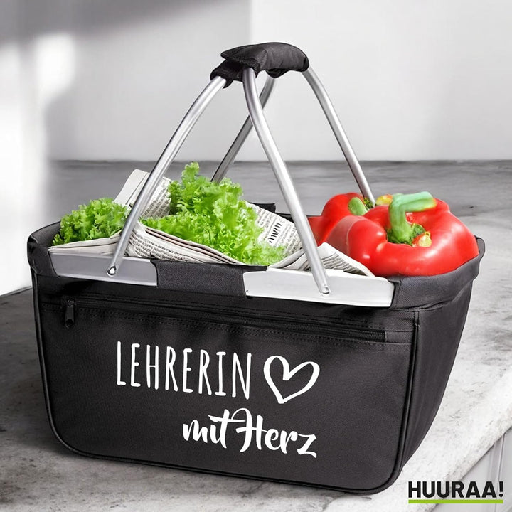 Huuraa Einkaufskorb Lehrerin mit Herz 20 Liter Black faltbarer Tragekorb Geschenkidee