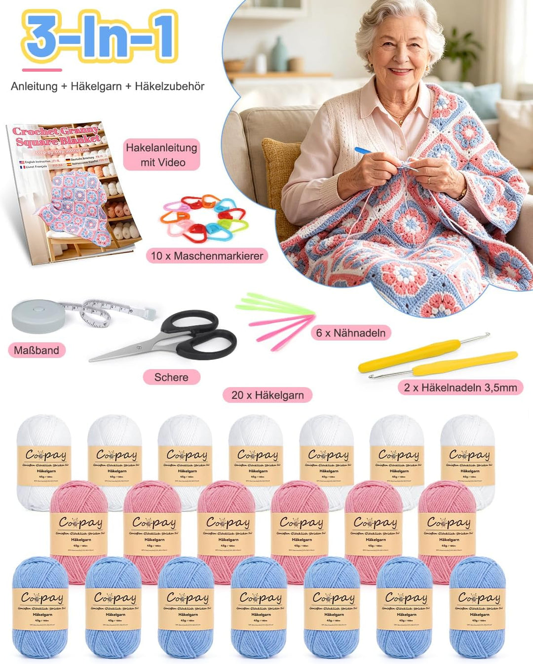 Coopay Granny Square Häkelset für Anfänger Profis, Komplettes Häkelset für Decke Häkeln, Häkel Set m