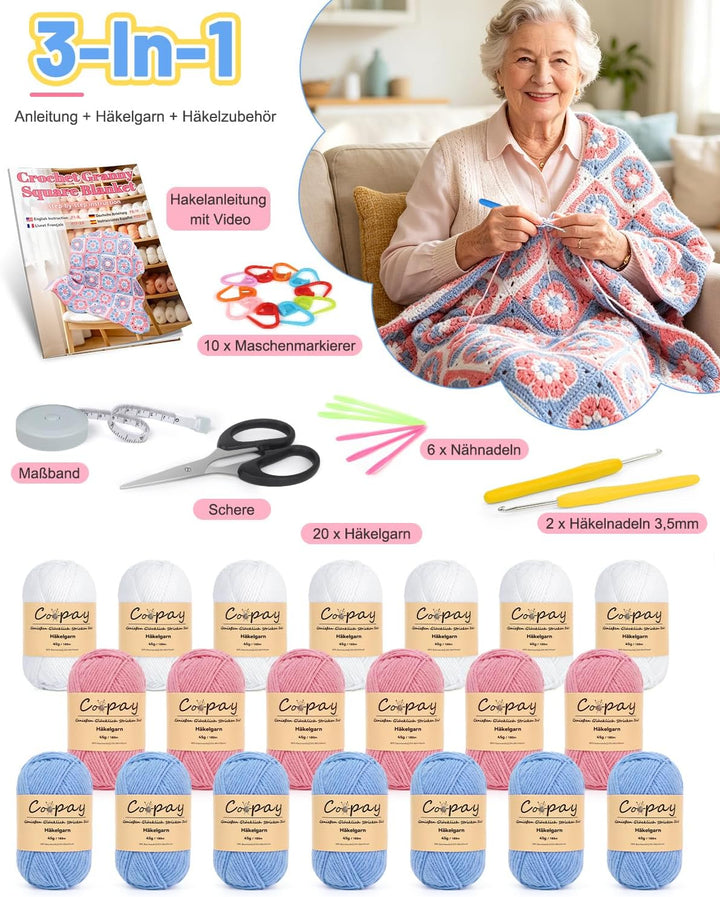 Coopay Granny Square Häkelset für Anfänger Profis, Komplettes Häkelset für Decke Häkeln, Häkel Set m