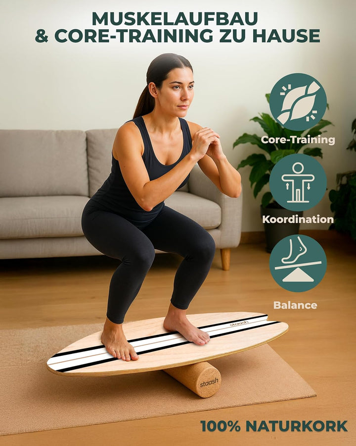 STAASH® PRO Balance Board - Premium Birkenholz mit 5 Trainings-Modulen | Komplettset für Core, Balan