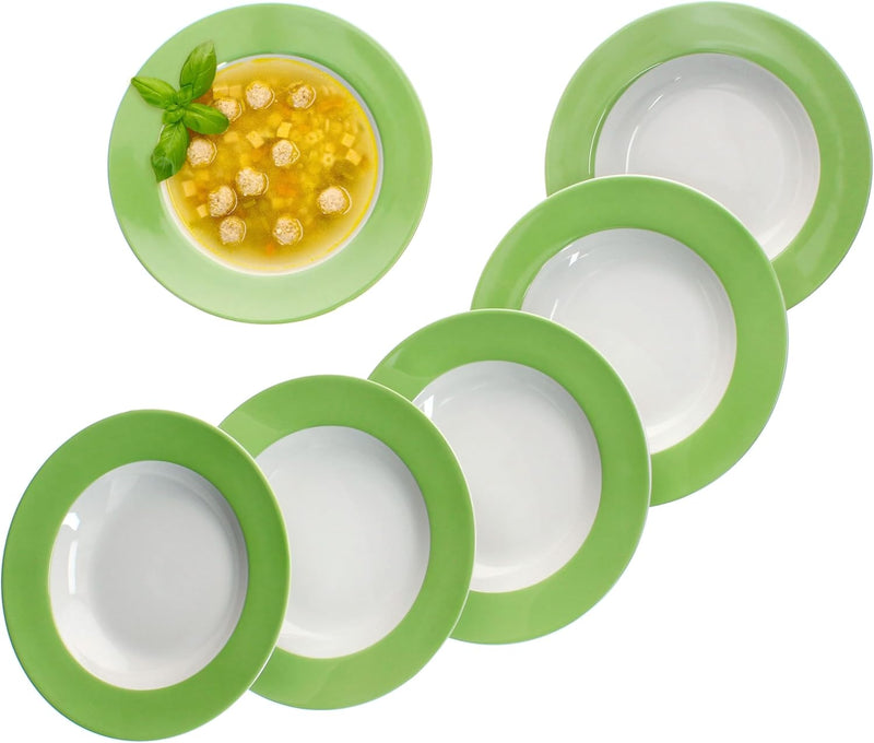 MamboCat 6er Set Variant Grün Suppenteller I farbige Tiefe Porzellan-Teller für 6 Personen I Bunte r