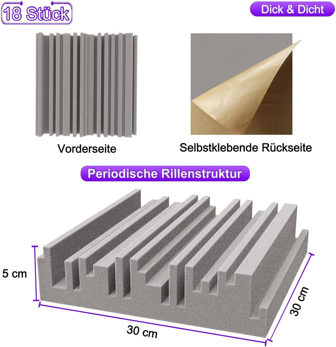 BXI Dichte Akustikschaum-Paneele, 30 x 30 x 5 cm 18 Stück – Breitband-Schallabsorber, dicke Schalldä
