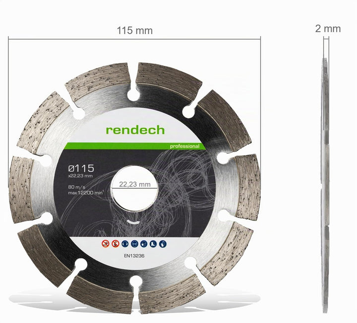rendech® Profi Diamantscheibe 115mm für Beton, Mauerwerk, Granit, Stein, Ziegel uvm. - Diamanttrenns