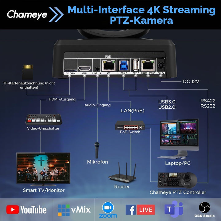 Chameye 4K PTZ Kamera mit KI-Auto-Tracking 10x Optischer Zoom, Konferenzkamera 4K mit HDMI, LAN(PoE)