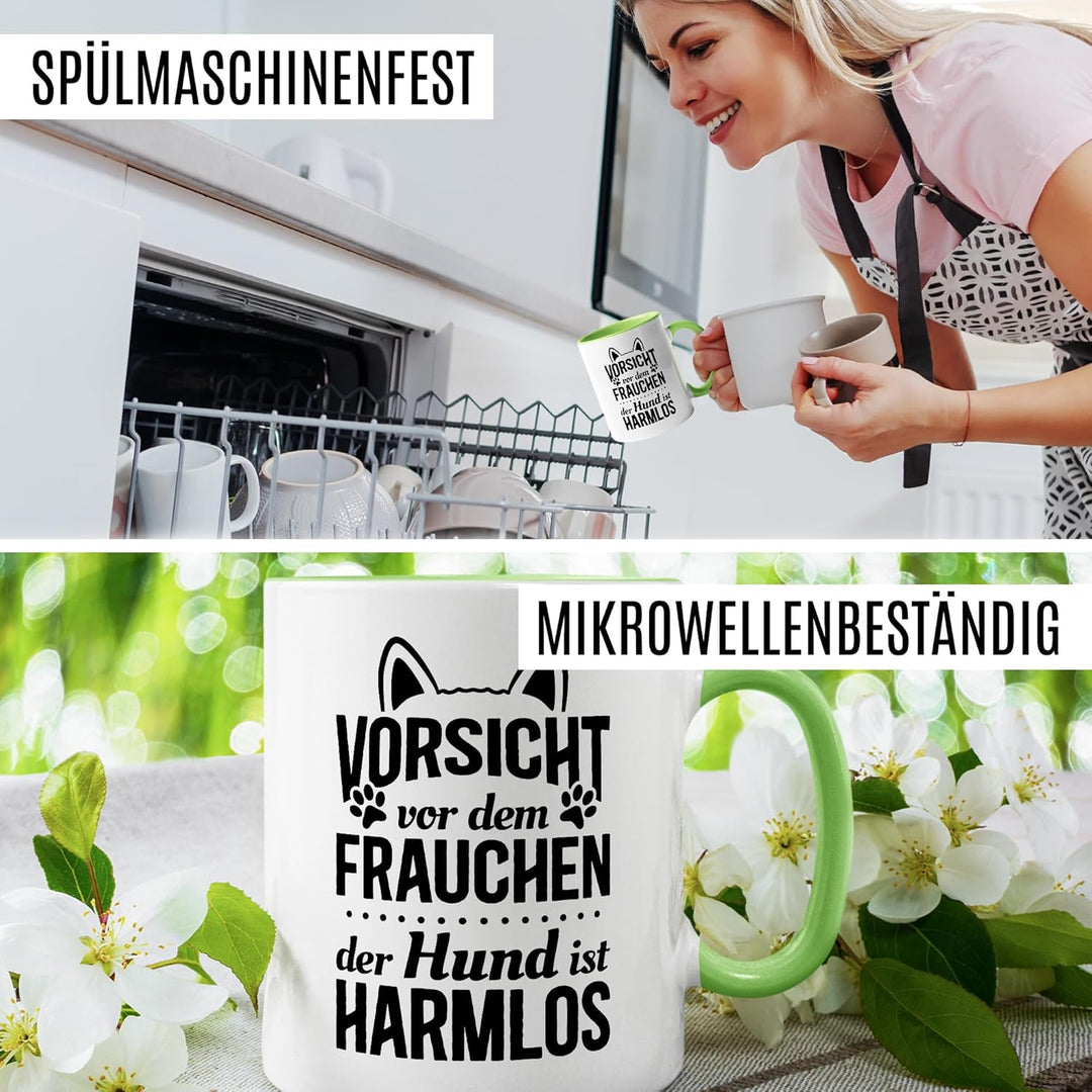 Tasse Frau Geschenk – Vorsicht vor dem Frauchen, der Hund ist harmlos – Kaffeetasse 330ml aus Kerami