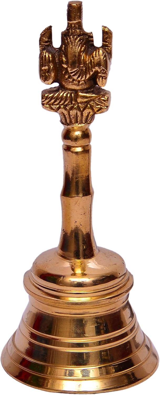 Purpledip Unique Handheld Brass bell with Lord Ganpati for Hindu pooja, Indian gift ideas (10632)