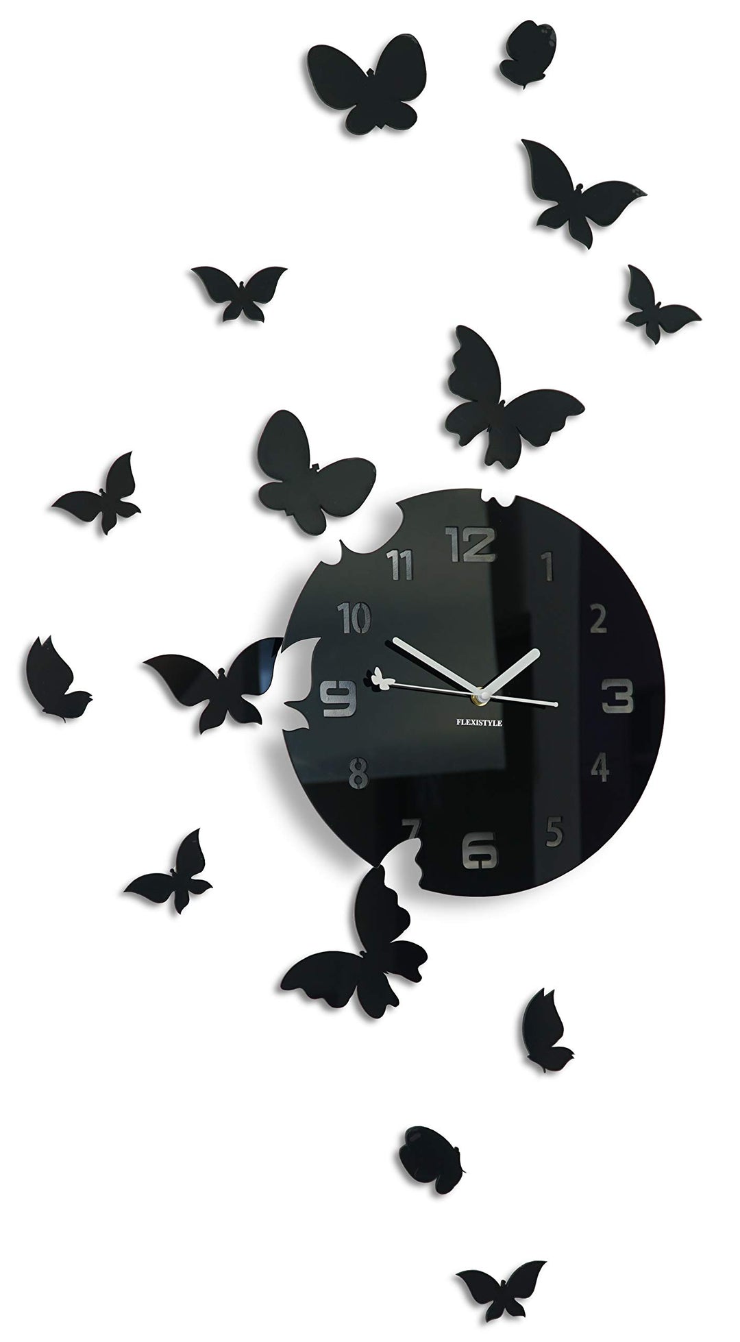 FLEXISTYLE Grosse Moderne Wanduhr Schmetterling rund 30cm, 15 Schmetterlinge, Wohnzimmer, Schlafzimm
