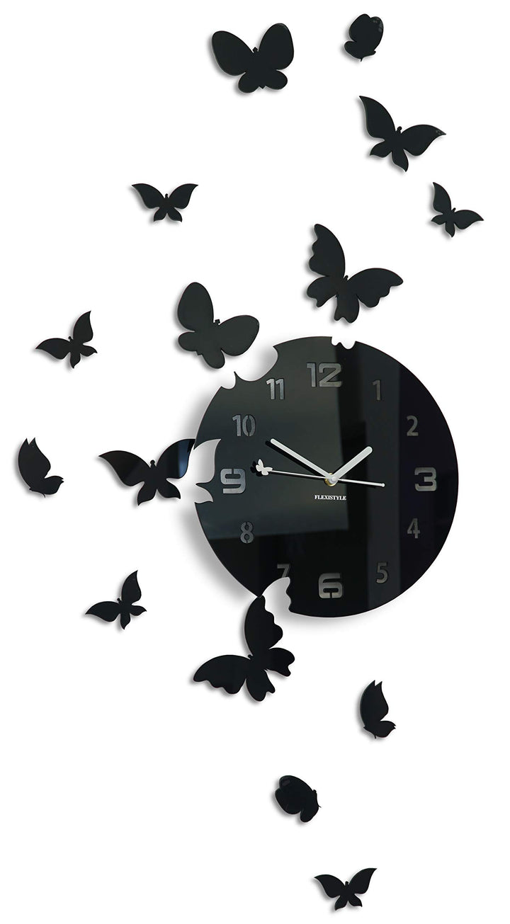 FLEXISTYLE Grosse Moderne Wanduhr Schmetterling rund 30cm, 15 Schmetterlinge, Wohnzimmer, Schlafzimm