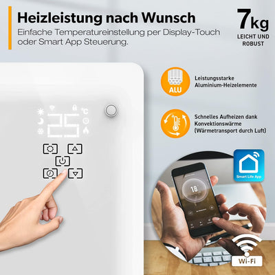 TRESKO® Glaskonvektor 1500W APP WiFi Funktion | Elektroheizung Glasheizung elektrisch | Konvektor He