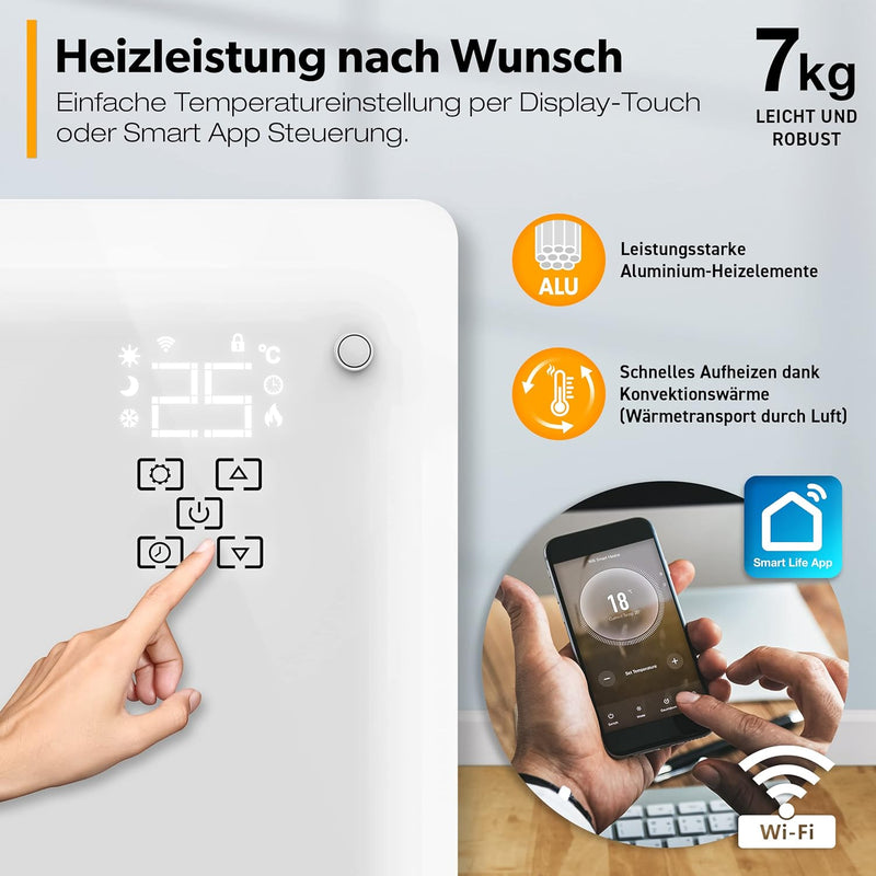 TRESKO® Glaskonvektor 1500W APP WiFi Funktion | Elektroheizung Glasheizung elektrisch | Konvektor He