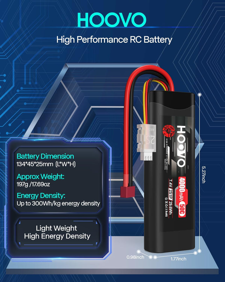 HOOVO 2S RC Batterie 7,4V 50C 4000mAh LiPo Akku mit Deans Stecker Batterie für RC Car RC Truck RC Bo