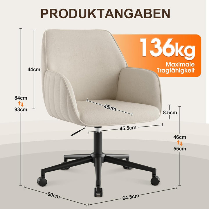 Schreibtischstuhl Bürostuhl Homeoffice bis 136kg Drehstuhl Samt Schminkstuhl mit Armlehnen Rollen Er