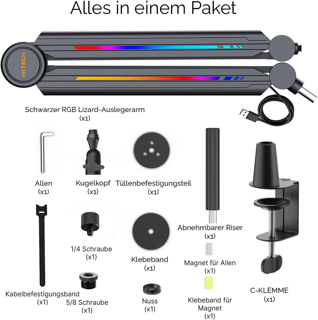 IXTECH RGB Mic Boom Arm High Profile, Overhead Boom Arm Mikrofonständer Schreibtischhalterung, verst