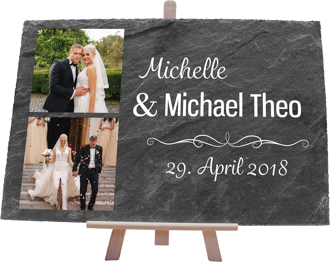 wandmotiv24 Schiefertafel Hochzeit mit Staffelei, Personalisierbar Digitaldruck 2 Farb-Fotos + Vorna