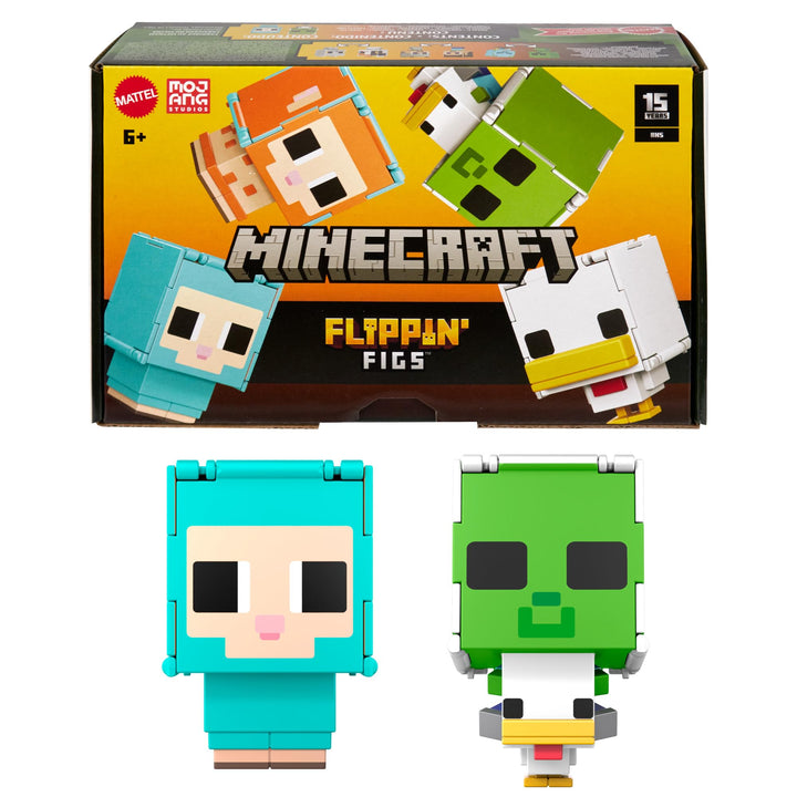 Mattel Minecraft Flippin’ Figs Schaf und Huhn 2er-Figurenpack mit 2-in-1-Spielfiguren, grossen Köpfe