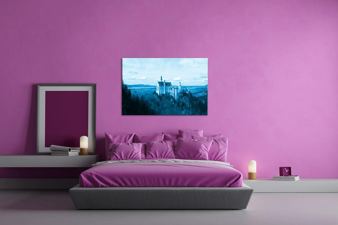 deyoli Burg Neuschwanstein Format 100x70 Effekt: Monocrome Blau als Leinwandbild, Motiv fertig gerah