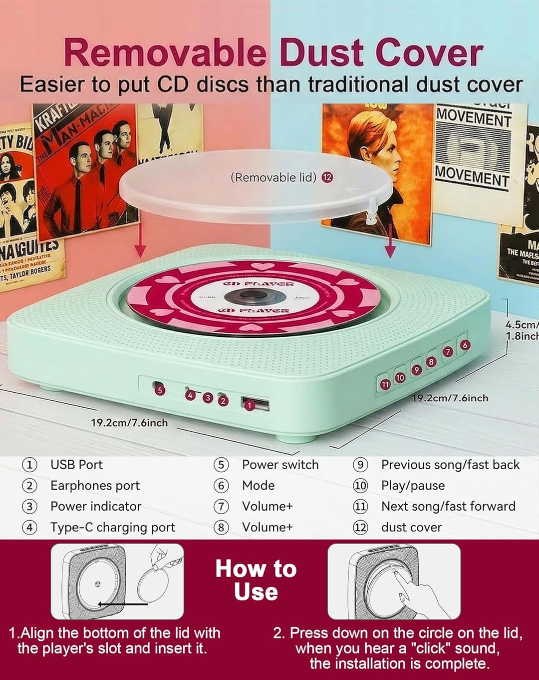 CD Player Tragbar Bluetooth Radio mit CD-Player mit Lautsprecher Unterstützung USB & AUX-Wiedergabe
