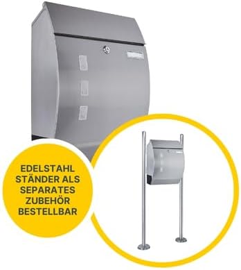 MeLiTec Edelstahl Briefkasten Modell P mit Zeitungsfach und Namensschild, matt, Modell P