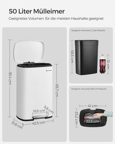 SONGMICS Mülleimer Küche, 50 Liter, Abfalleimer, Treteimer, mit Deckel, Softclose, Fusspedal, Stahl,