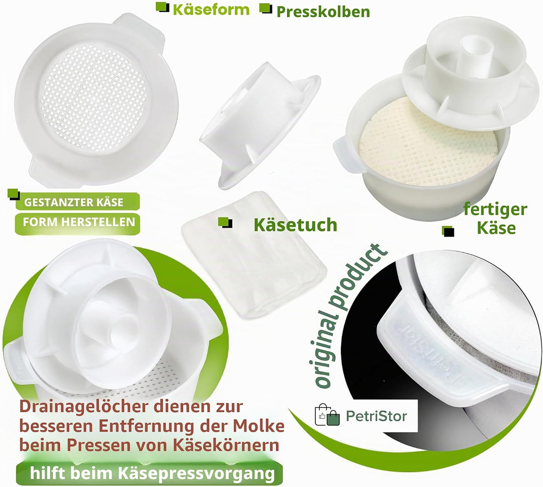 Käseherstellungsset – 1,2-l-Käseform mit Folgekolben und Baumwollgaze – Käseherstellungskorb – Panee