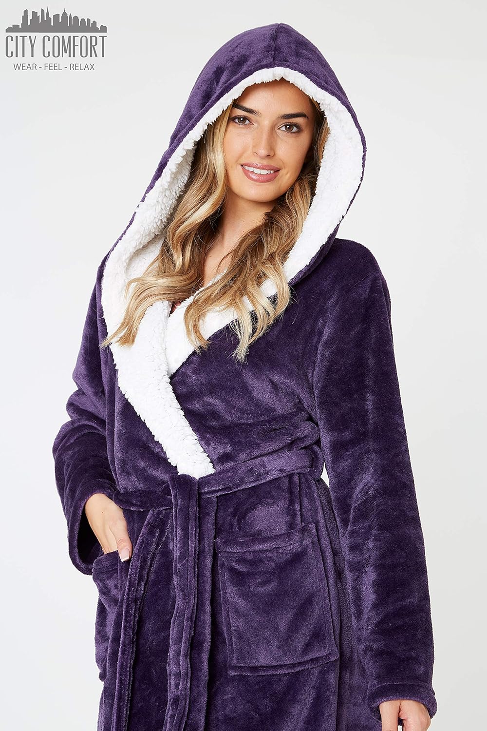 CityComfort Bademantel Damen Flauschig, Morgenmantel Damen, Fleece Bademäntel für Damen, S-XL M Lila