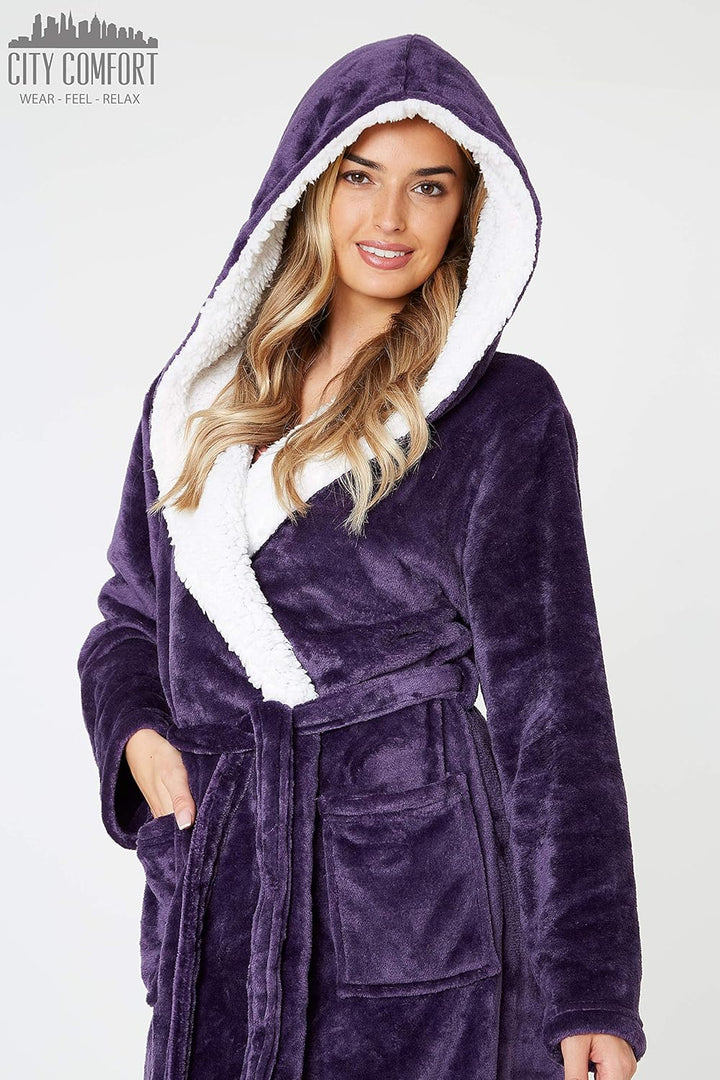 CityComfort Bademantel Damen Flauschig, Morgenmantel Damen, Fleece Bademäntel für Damen, S-XL M Lila