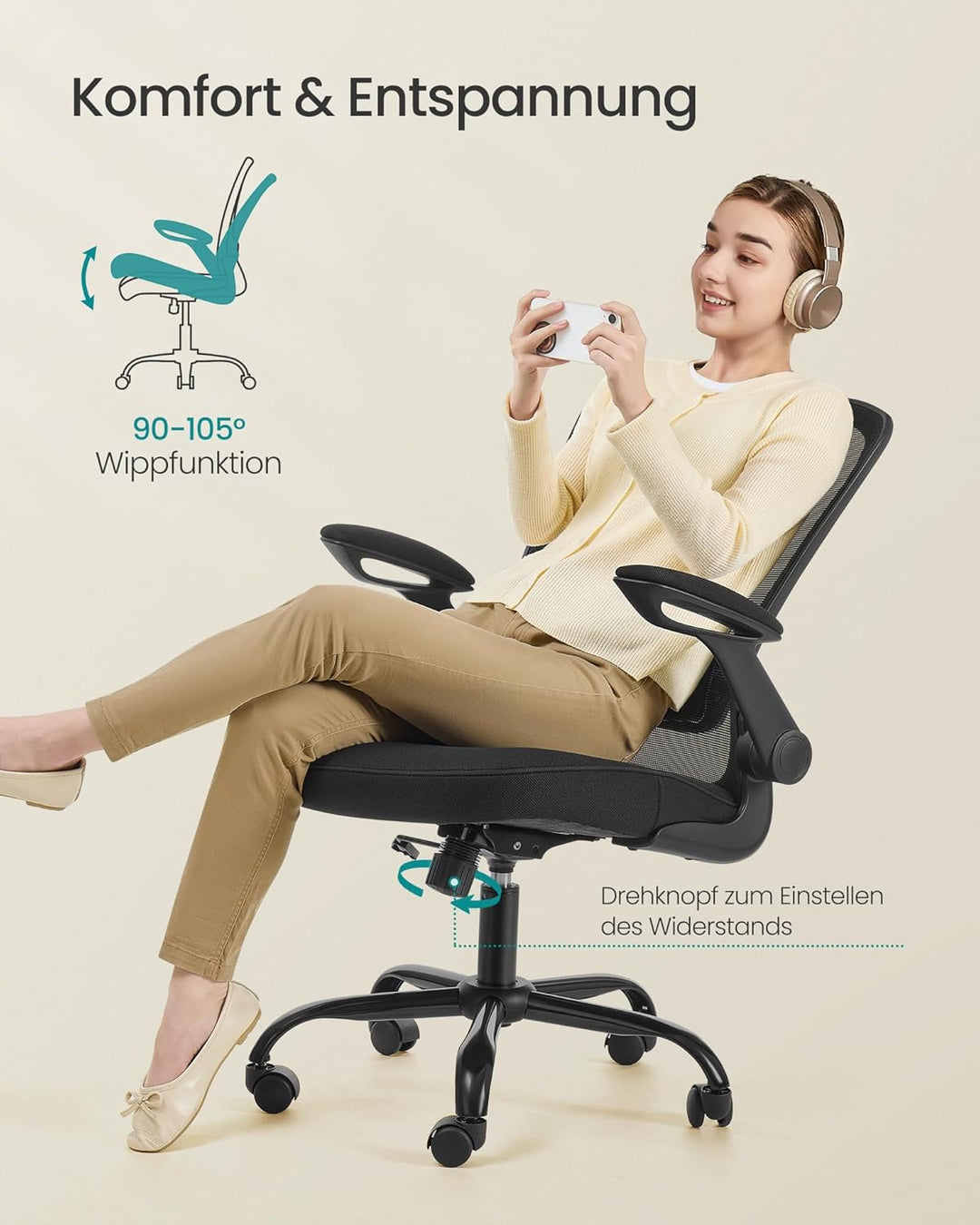 SONGMICS Bürostuhl ergonomisch, Schreibtischstuhl klappbare armlehne, 360° Drehstuhl, verstellbare L