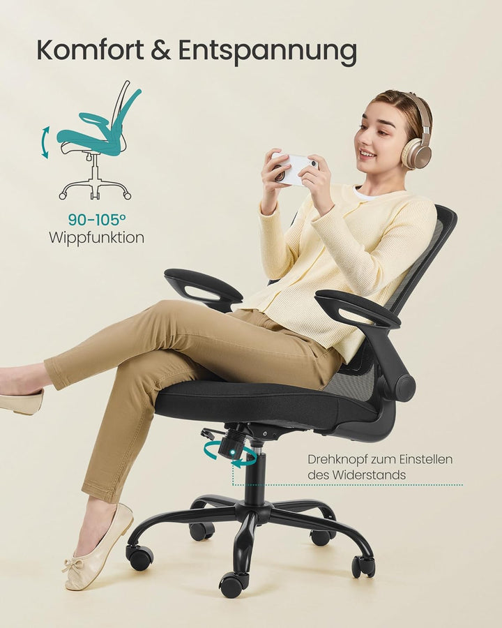 SONGMICS Bürostuhl ergonomisch, Schreibtischstuhl klappbare armlehne, 360° Drehstuhl, verstellbare L