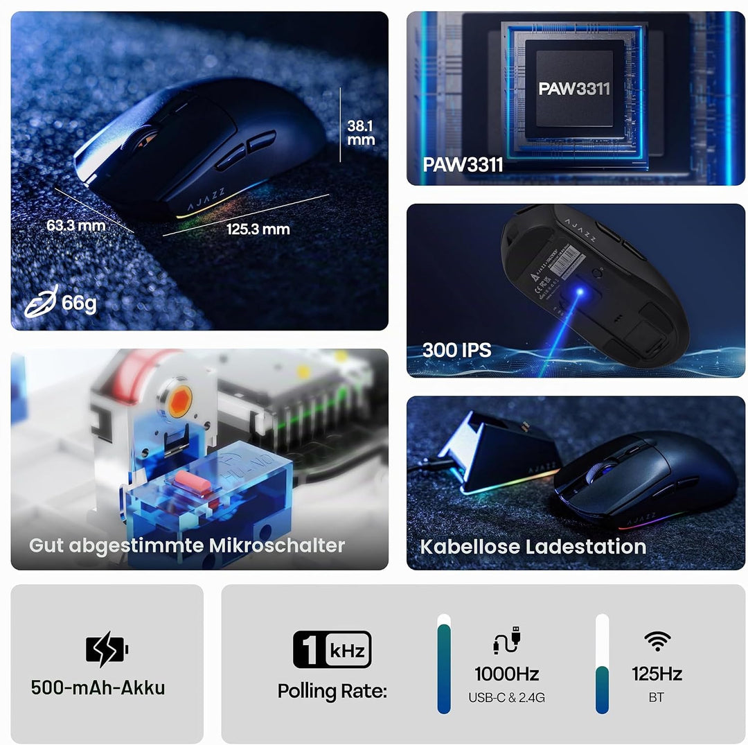 MechLands AJ139 V2 MC Gaming-Maus mit Ladestation, einstellbare 12000 DPI, PAW3311-Sensor, 3 Modi, k