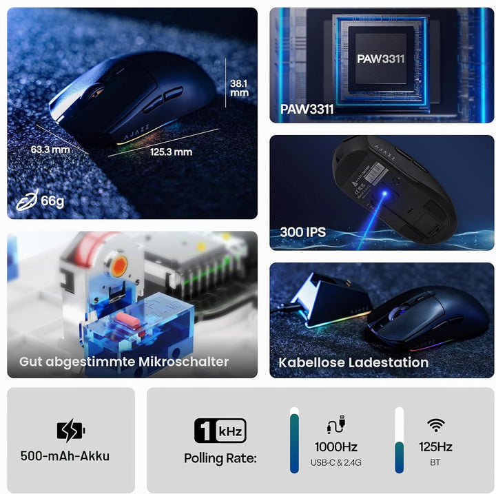 MechLands AJ139 V2 MC Gaming-Maus mit Ladestation, einstellbare 12000 DPI, PAW3311-Sensor, 3 Modi, k