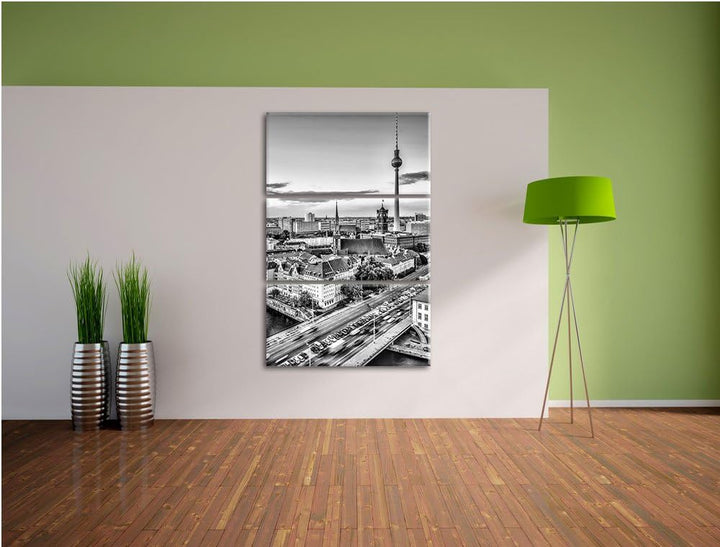 Pixxprint Monocrome, Skyline von Berlin 3-Teiler Leinwandbild 120x80 Bild auf Leinwand