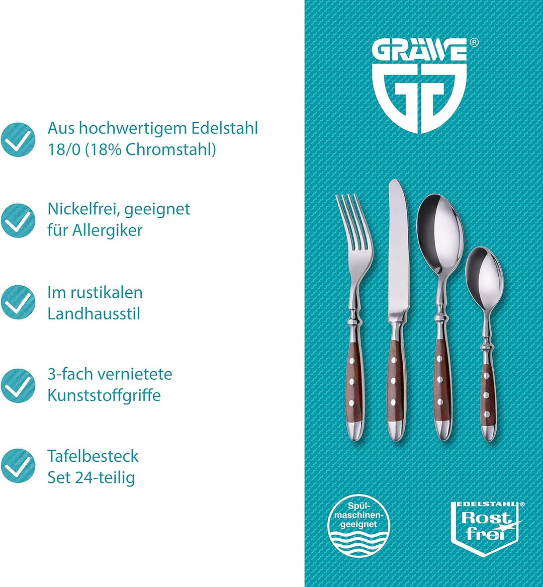 GRÄWE Besteckset für 6 Personen aus Edelstahl, Schwer, Rustikal, Tafelbesteck Set 24-teilig, Geschmi