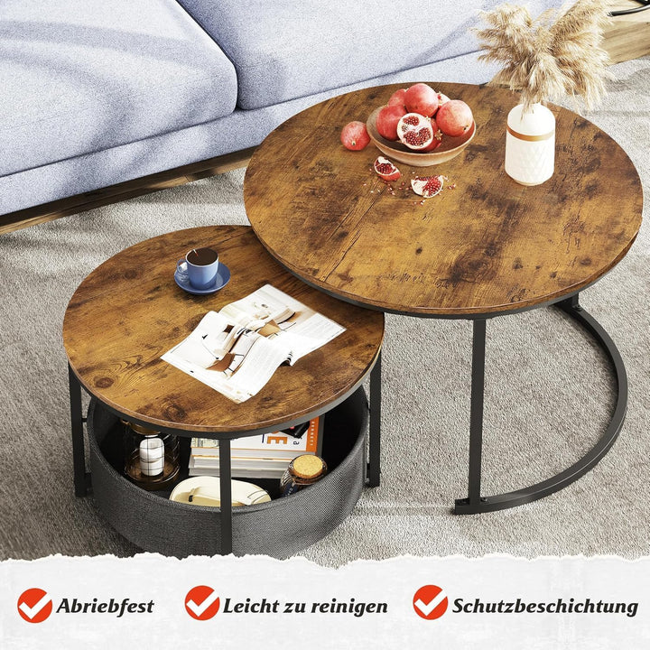WLIVE Couchtisch 2er Set, 80 Durchmesser Gross Wohnzimmertisch, 60 Durchmesser Beistelltisch Rund mi