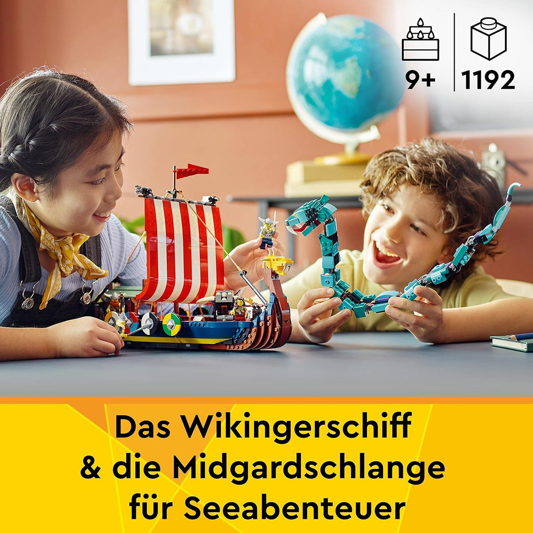 LEGO 31132 Creator 3in1 Wikingerschiff mit Midgardschlange, Set mit Schiff, Haus, Spielzeug-Wolf und