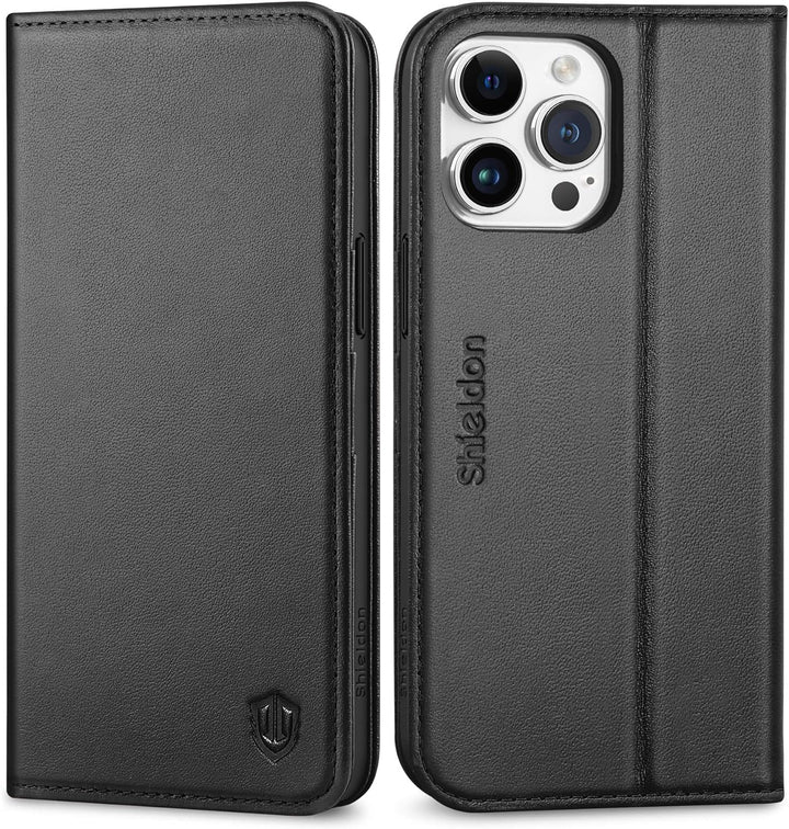 SHIELDON Hülle für iPhone 15 Pro Max, Handyhülle TPU [Echtleder] [Kartenfach] [Magnet] [Stand] [RFID