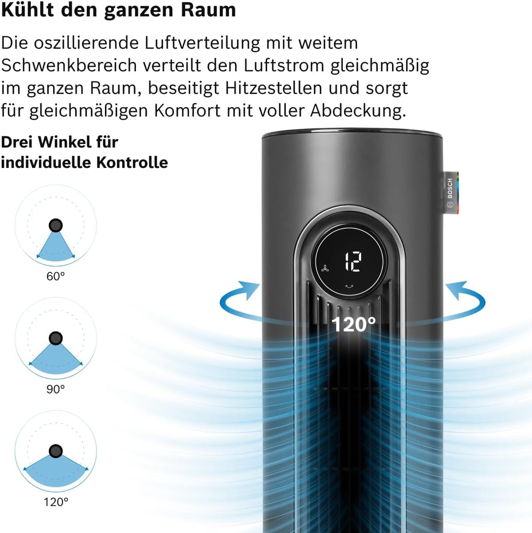 Bosch Tower Fan 6000, Leiser Turmventilator, Midnight Grey | Mit Fernbedienung, 12 Geschwindigkeitss