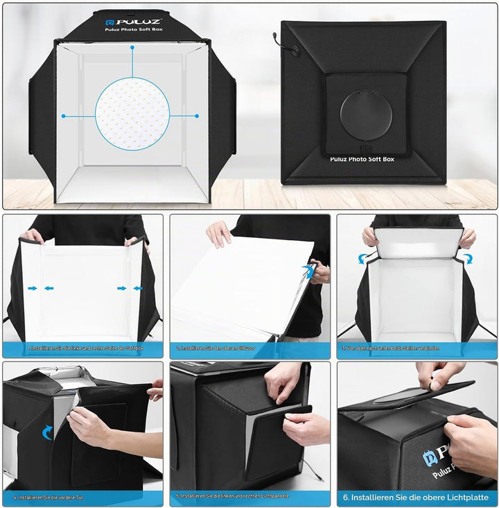 PULUZ 40 cm Fotobox Softbox 40x40cm Fotostudio Lichtzelt mit 5500K Beleuchtung &amp; 4 Farben Hintergrün