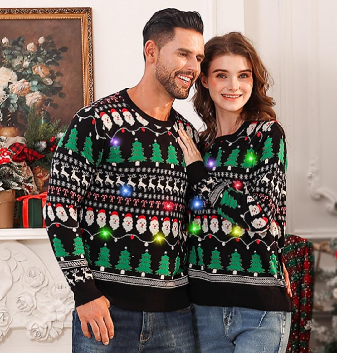 Belovecol Unisex Weihnachtspullover LED Ugly Christmas Sweater Pullover Langarm Strickpullover L Xma