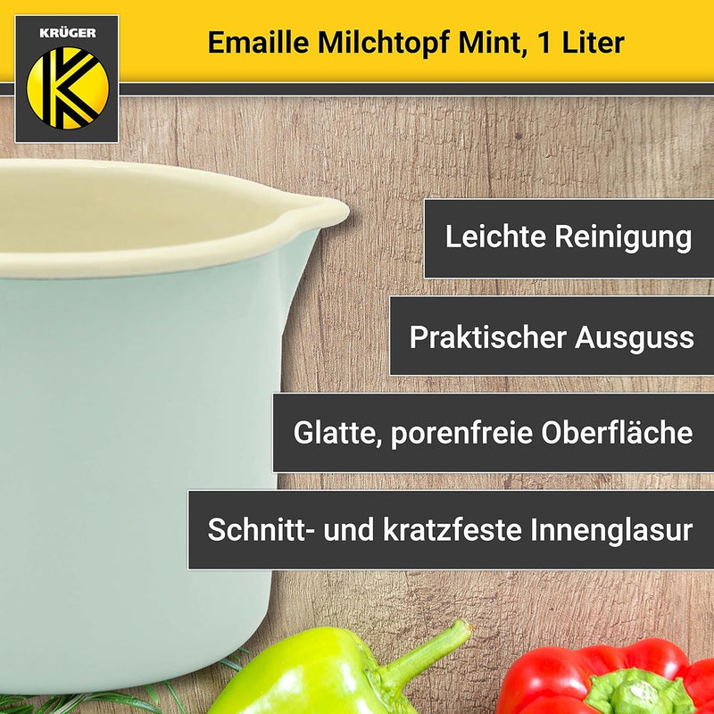 Krüger Emaille-Milchtopf Mint 12cm, 1 Liter - Topf mit Vollkontaktboden für energiesparendes Kochen